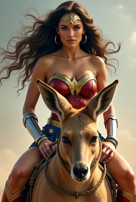 30 year old beautiful woman with wavy hair dressed as Wonder Woman seen from front riding a kangaro