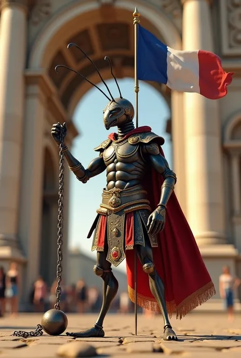 Realistic ant, habillé en gladiateur avec un drapeau francais a la main. a chain with a ball attached to the foot. the triumphal arch in the background. 