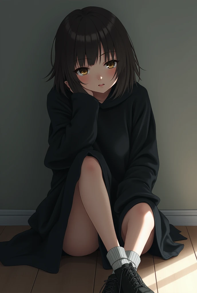 anime girl, dark brown shoulder length hair, brown eyes, sitting, high, long black sweater, light grey socks and black boots