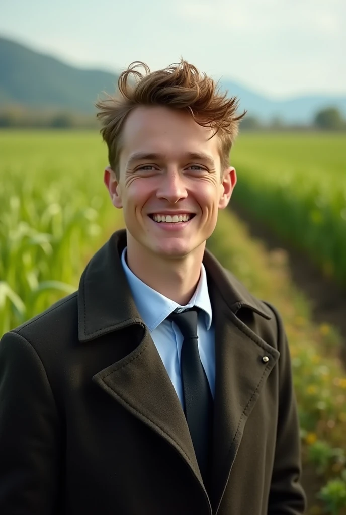 A realistic photo of a 20-year-old slim young man, about 5 feet 4 inches tall, dressed in a coat and tie. He should have a genuine, confident smile and a friendly expression, appearing completely natural and human-like. The background must feature vibrant ...