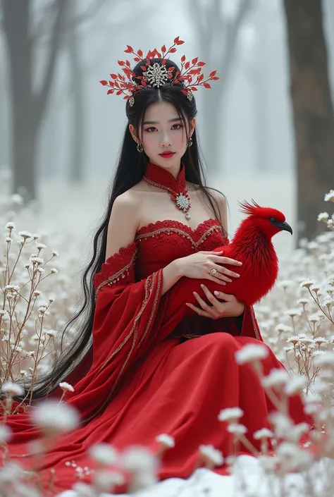 Stylish photography,Beautiful Korean Women,elegant long black hair,elegant silver ornament red dress high collar,hemisphere wearing a red leaf crown,staring intently,sitting hugging a red phoenix,sexy style,show beautiful legs,in the middle of a white flow...