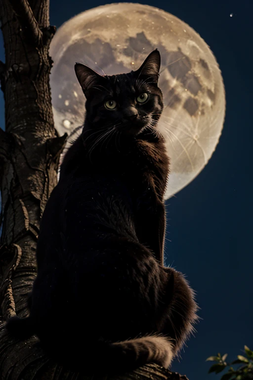 A cat sitting on a tree looking at the moon and but sitting on a sespeer looking at the moon 