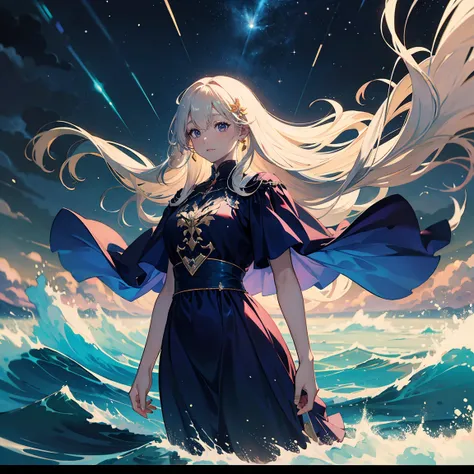 Best Quality, Super detailed, (Ultra-high resolution,8k), Ultra-high definition 4K, A majestic, otherworldly goddess, with flowing, platinum blonde hair and piercing, amethyst eyes, descends upon a stormy sea. She is clad in a form-fitting, dark blue gown ...