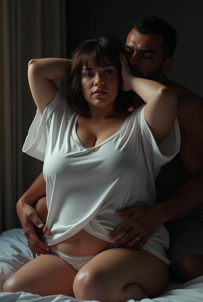 Best quality, masterpiece, ultra high res, photorealistic:1.5, raw photo, 1girl, white oversize t-shirts, off-shoulders, cleavage, show shoulders, deep shadow, low key, cold light, sexy look, bob hair, big breast: 1.3, show big thigh, plump body, fat girl,...