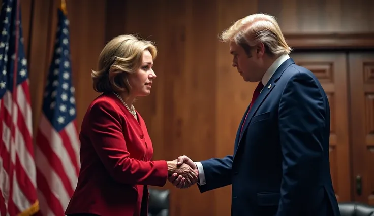 a woman politician shaking hands with donald trump, detailed facial features, high quality portrait, photorealistic, 8k, ultra detailed, dramatic lighting, powerful political scene, cold formal handshake, tense atmosphere, red and blue color scheme, presid...