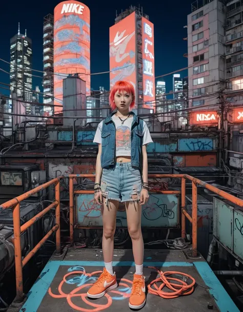 dynamic cinematic 8k, realistic, pastel red indigo tracking shot wideshot fisheye Wabi Sabi a Japanese streetwear punks woman (nike trainers) on a Tokyo underground rooftop with a neon sign construction from a psychedelic animation with organic cables wire...