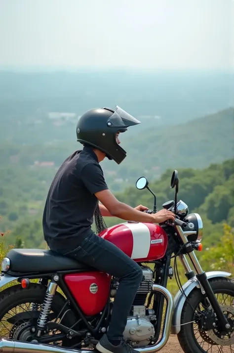 A young man with a helmet,  mounted on a red and white factory 350 motorcycle, overlooking a beautiful landscape.