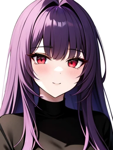 Beautiful girl.Long Hair.Purple hair. Red eyes. High quality. HDR. black Long sleeve dress. white background. make hair longer. detailed hand. make her face cute . A full portrait 