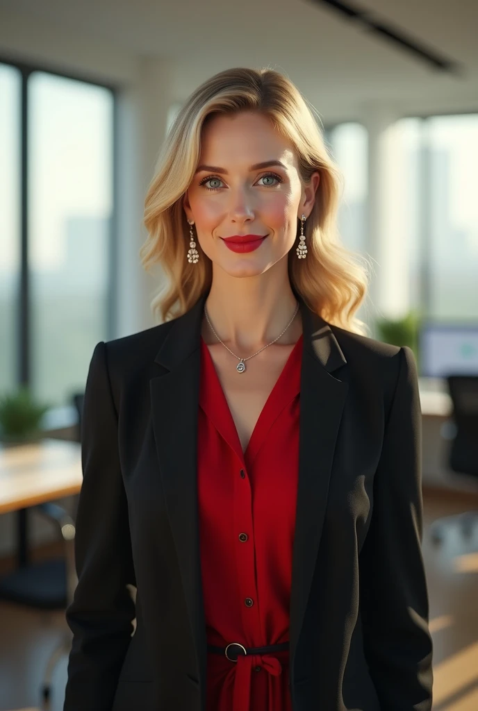 A 40-year-old woman, blonde, green eyes, straight, length hair, with a slight smile, red lipstick, a red shirt and black blazer, delicate earrings and necklace, standing in an office with lots of lights and windows