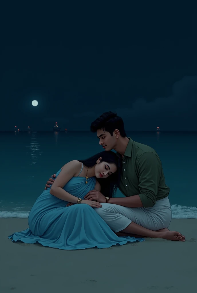 Lovers sitting on sea shore at dark night. Women wearing sky blue color saree and sky blue color sleave blowse. men white dhoti and dark olive green shirt. Women sleeping on mens lap. No moon light. Small ship lights seeing in so far in the sea
