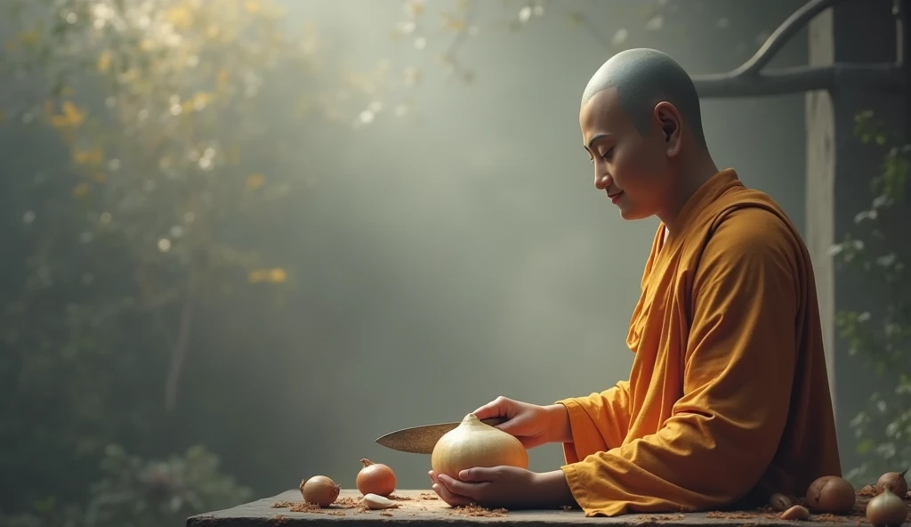 "Create a realistic portrait of a serene Buddha, positioned on the right side of the frame, looking directly ahead with a calm and peaceful expression. The Buddha is dressed in traditional robes, holding an onion in one hand and a knife in the other, as if...