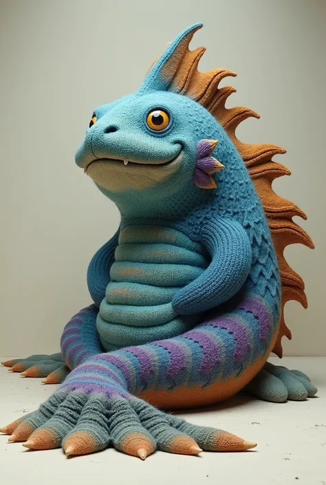 Big fat long fish sitting on the floor that looks like a dragon, knitted style, vibrant blue, purple, green, with a little bit of orange and brown accents