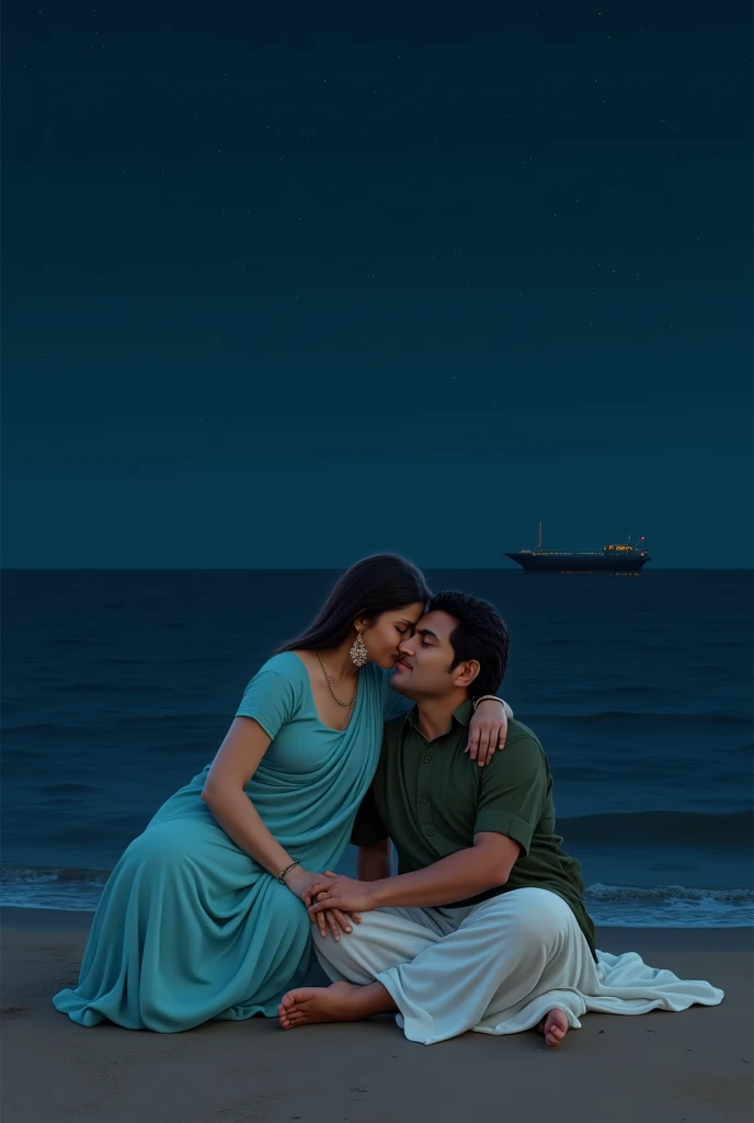 Lovers sitting on sea shore at dark night. Women wearing sky blue color saree and sky blue color half sleave blowse. men white dhoti and dark olive green shirt. Men sleeping on womens lap. No moon light. Dark background . Small ship lights seeing in so far...