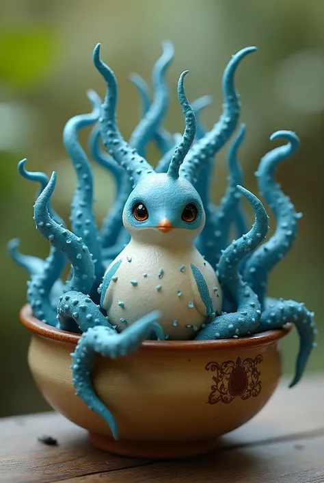 Round creature with tentacles in a pot. Blue long tentacles with suckers. Looks like a sparrow