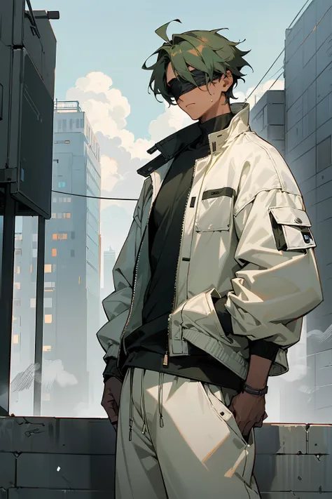 ((masterpiece, best quality, 1boy, male focus, masculine, looking at viewer, solo, closed mouth, adult, muscle, muscular,)) short hair, messy hair, top knot, green hair, ((((perfect face, calm demeanor,)))) (((modern clothing, techwear jacket, white jacket...