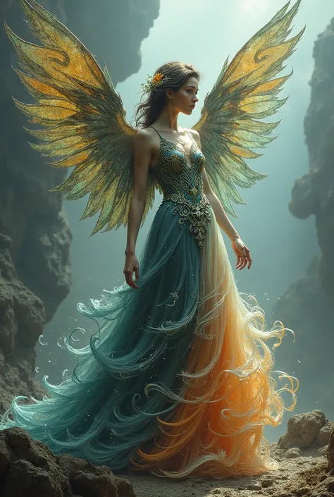 A dress that represents the elements 
More mystical 
Even more 
With wings
Represents elements 