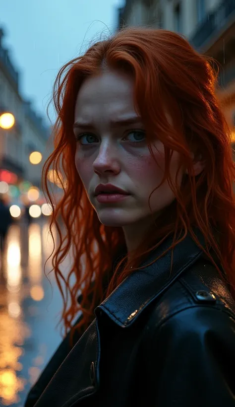 A close-up of a red-haired woman standing in a rainy Parisian street at night. Her hair is drenched, cascading in wet strands around her face, accentuating her expressive features. Tears mix with raindrops on her cheeks, emphasizing her sadness and vulnera...