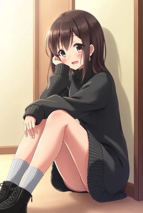 anime girl, dark brown shoulder length hair, brown eyes, sitting on the right side, high, black sweater more or less long, light grey socks and black boots and he is happy, anime girl

