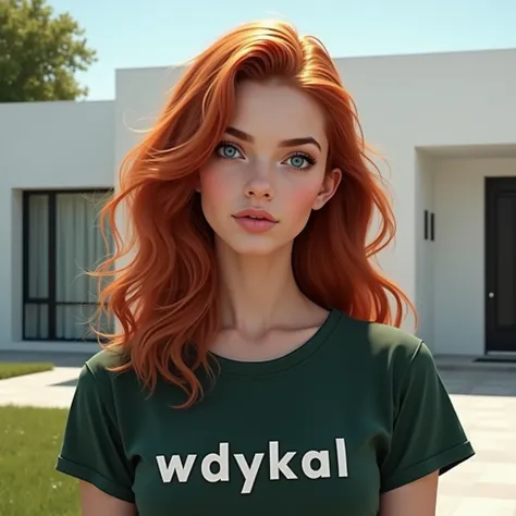 Make a white woman with long wavy red hair and blue eyes. Make her wear a dark green t-shirt with the words &#39;WDYKAL&#39; written on it, the letters are white., t-shirt (background of a chic and modern white house)
(realistic) (She is looking forward)