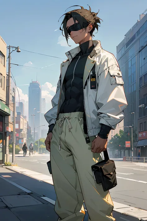 ((masterpiece, best quality, 1boy, male focus, masculine, looking at viewer, solo, closed mouth, adult, muscle, muscular,)) short hair, messy hair, top knot, green hair, ((((perfect face, calm demeanor,)))) (((modern clothing, techwear jacket, white jacket...