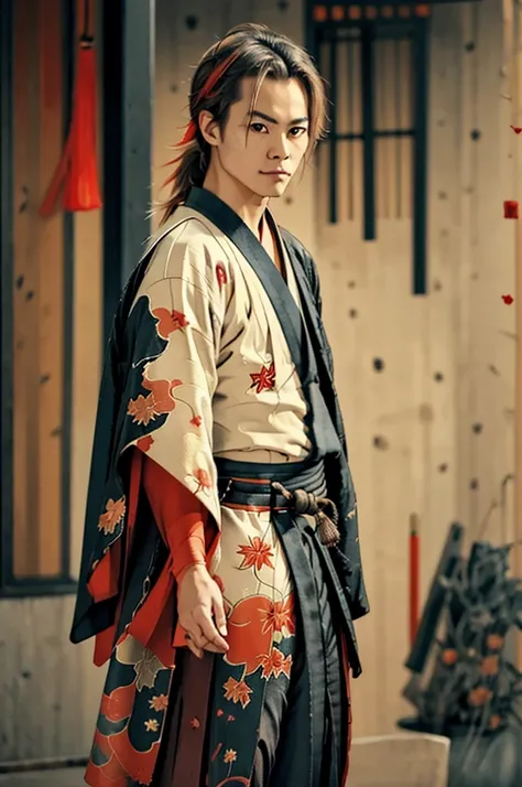 A young samurai man with beige hair pulled back in a low ponytail, with a red streak and red eyes. very elegant, his outfit is a black, red, orange and white kimono with a red and black scarf, gloves, sandals, A silver katana, elaborately decorated, hangs ...