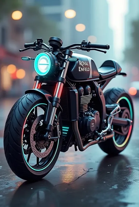 Royal enfield bike in year 3000 Ad millennium of evolution like flying floating with lot of machinery With rgb color and cafe racer design unique 
Modern sports style in future
With visible royal enfiel logo with nitro exhaust and convertibility 
More aero...