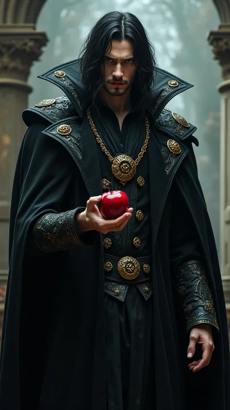 Man ,Black  hair，Black king ，accessories，Apple in hand，Poison apples，Witch king ，Red lipstick