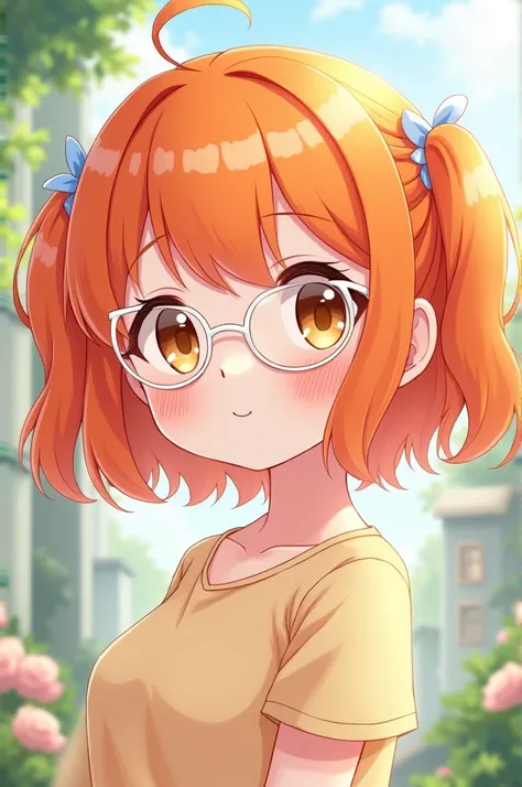 A kawaii anime girl with orange hair and thin whşte glasses.