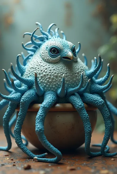 Large round creature with tentacles in a pot. Blue long tentacles with suckers. Looks like a sparrow