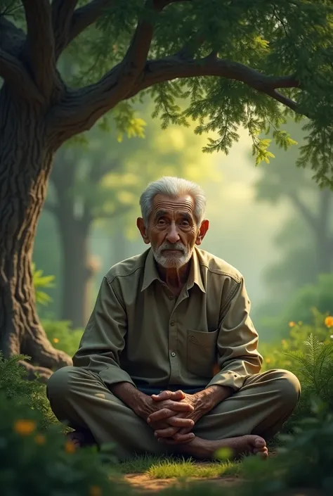 Make me a picture of an old adult sitting under a tree. The position of the hands crossed on both feet, the face facing the camera. Forest background. Version 9:16