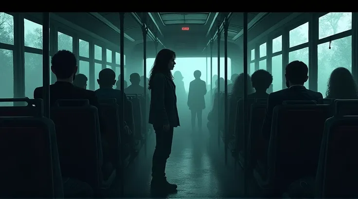 "The inside of the bus with lights flickering. Shadows stretch and move unnaturally, giving the interior a haunted, unsettling look. Clara is glancing nervously at the passengers who remain unnaturally still."
