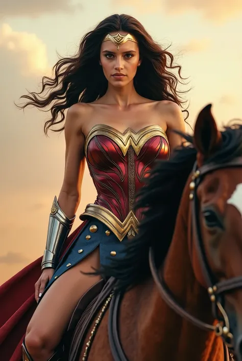 30 year old hyper realistic beautiful woman with wavy hair dressed as wonder woman seen from front riding horse