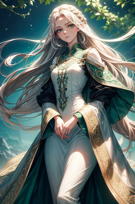 Elowen Fairbrook, an 1 female standing at 165 cm tall with a slender figure dressed in flowing fabrics that convey both nobility and practicality. She has porcelain-like skin that radiates a soft, ethereal glow. Elowens deep chestnut hair cascades in waves...