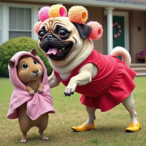 The image shows a pug dog wearing a red dress and yellow high heels. The pug is standing on its hind legs with its front paws in the air. It has a big smile on its face and its tongue is sticking out. The dog is also wearing pink and yellow curlers on its ...