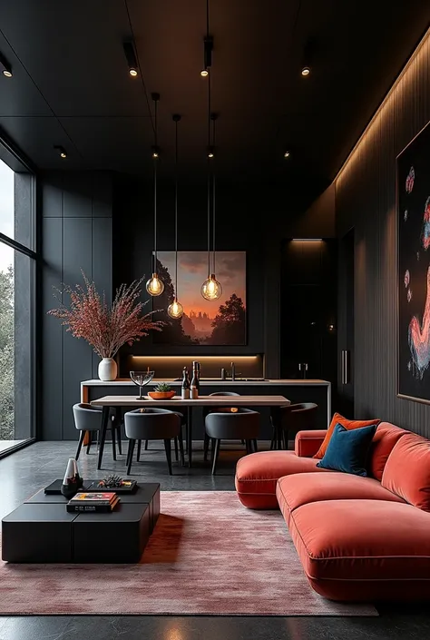 an interior design of a house with black scatings, give suggestions with various colours