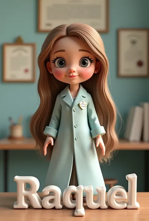 Disney 3d doll with psychologist&#39;s gown, with gray eyes, long light brown hair, with name RAQUEL in big letters below, with the background of a consultation