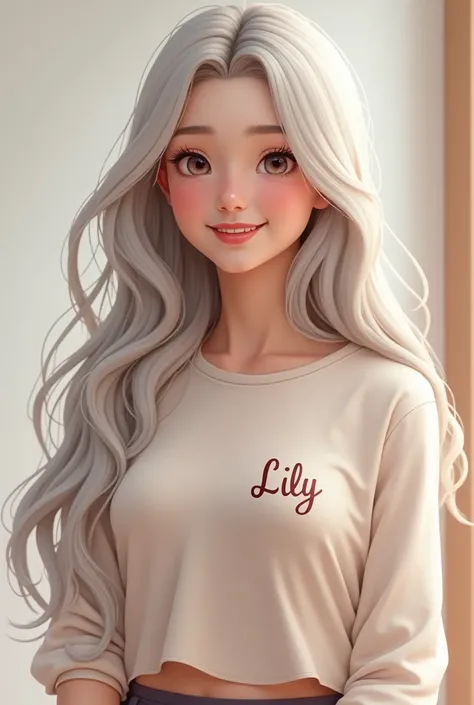 One young woman,Long Hair, chest, smile, Open your mouth, Silver Hair, A shirt with the word lily on it,Greeting,cute、Young,Having a conversation,whole body,