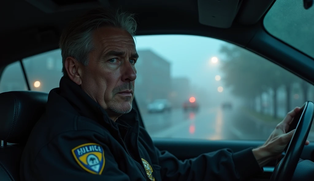 A middle-aged man, Caucasian, with graying brown hair and tired blue eyes, sits behind the wheel of a police cruiser. His face shows unease, brow furrowed, eyes distant as if lost in thought. Outside the cruiser, thick, swirling fog blankets the empty stre...