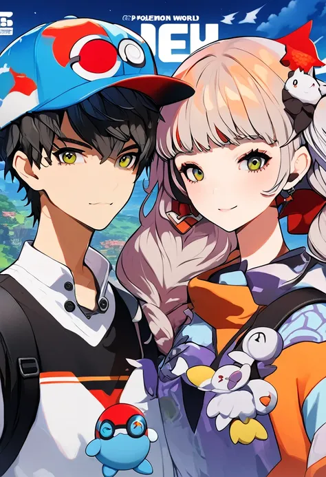 Ash_pokemon ,hat , black hair, brown eyes .ash Ketchum ,1 guy. pokemon world is getting a new game with a new character, pokemon art style, misty from pokemon, orange hair, green eyes, pokemon anime style, couple pose, anime cover, official art, high quali...