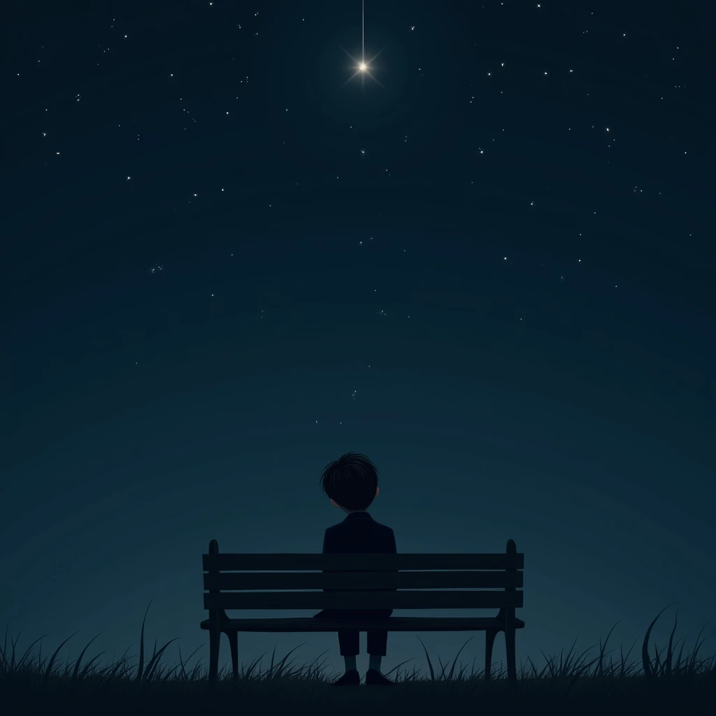 1 handsome boy 2 seating on the bench in night time and looking at a falling star, the boy wearing formal suit, alone boy, sad boy, missing someone, 4k, 8k High Quality Image undefined, undefined, undefined, undefined, 