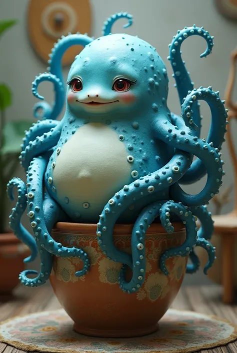 Large round creature with tentacles in a pot. Blue long tentacles with suckers.with a cute doll face