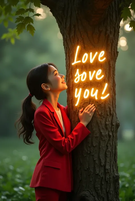 Create a girl who is wearing red shuit and white paint writing  I love you Ankush in Glow word on the tree 