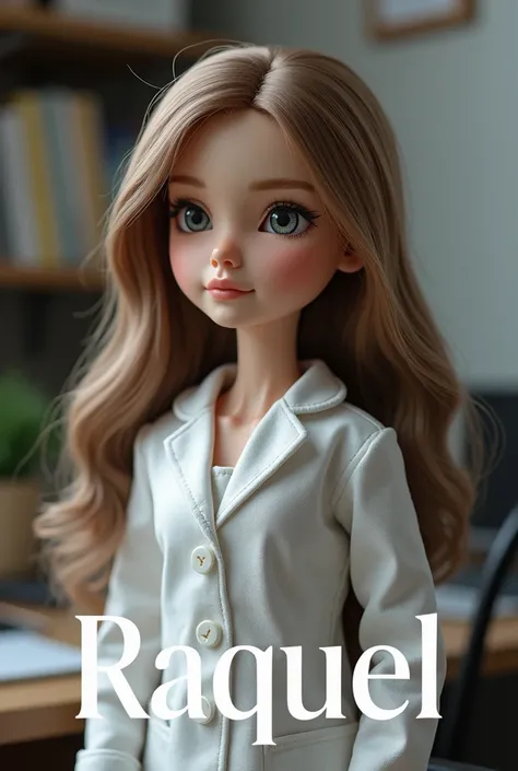 3d doll with a psychologist&#39;s gown, with gray eyes, long light brown hair, with name RAQUEL in big letters below, with the background of a consultation