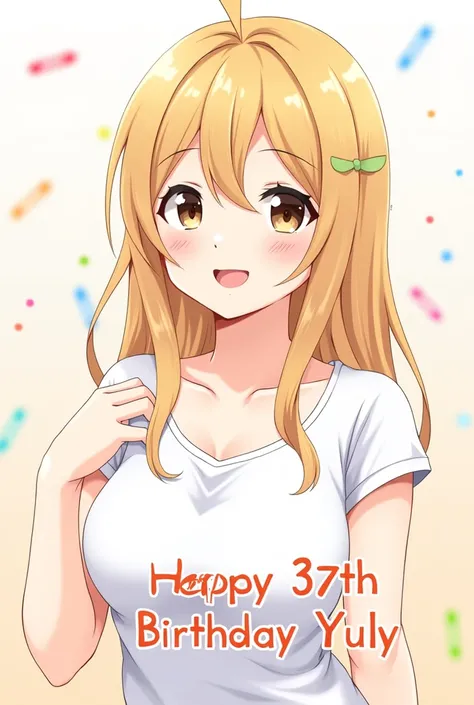 Put this sentence above "Happy 37th birthday Yuly" At the bottom an anime style girl with dark blonde hair, White shirt, medium chest, brown eyes 