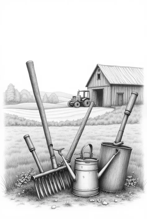 Pencil drawing of a farm with the following tools, word, rake , forklift truck, watering can