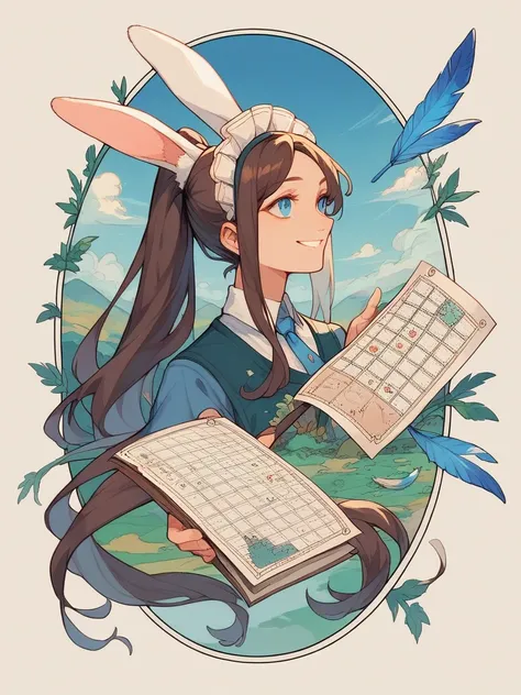 1 girl, blue eyes, very long hair, ponytail, Smile, Bunny ears, detail, High resolution, Character map, feather headdress, Impressionism, 