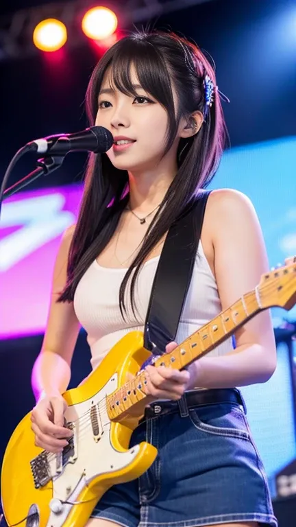 (Beautiful Japanese woman playing electric guitar on stage at an outdoor event)、Outdoor Live、(Best Quality、8k、RAW Photos)、(Genuine:1.2)、(2 Japanese beauty:1.2、Idol&#39;Face:1.3)、(Stand with your feet apart:1.2、I can see your underwear:1.5)、(Thin thighs、Kne...