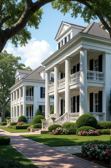 Houses with white pillars and black windows