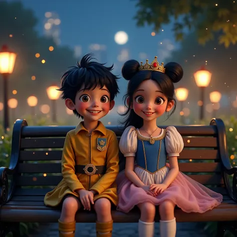 Boy  & girl 12 years-old black messy haircut, both of them wear prince and princess disney, sit down while pose stylish, natural, teeth smile, at night, lighting lamps, happy moment, moonlight, starlight, fireflies, real hyper realistic, real human japanes...