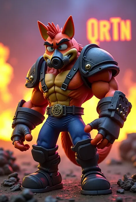 Muscular Crash Bandicoot wearing a war tank Highlighted on the word QRTN in the background War background Yellow and purple fire Wearing a gas mask 